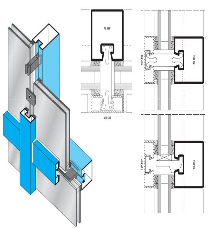 Multi fungsional Curtain Wall Aluminium Window Profil Untuk Dekorasi Bentuk Persegi Panjang